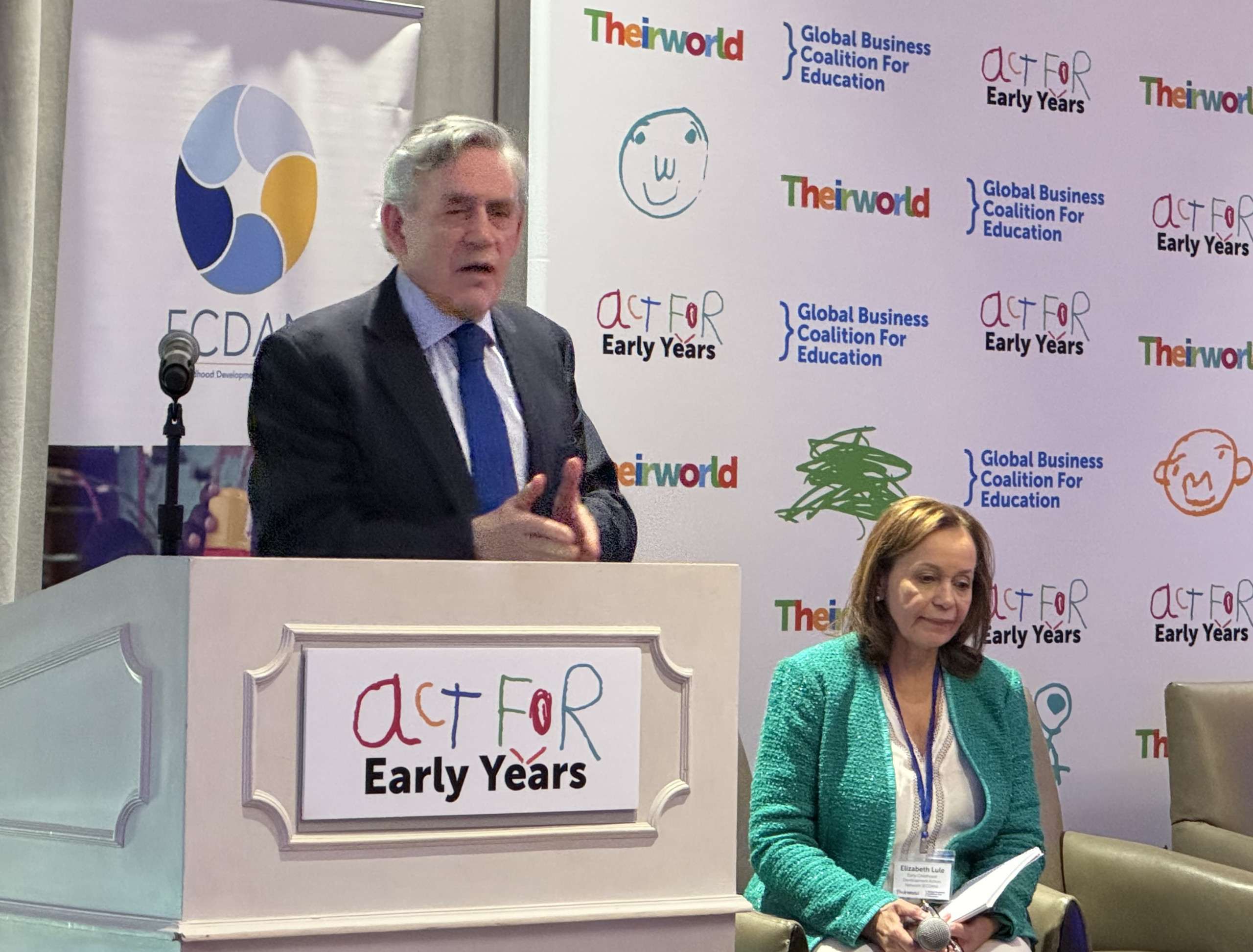 Keynote speaker Gordon Brown, United Nations Special Envoy for Education and former Prime Minister of the United Kingdom and Elizabeth Lule, Executive Director of ECDAN.