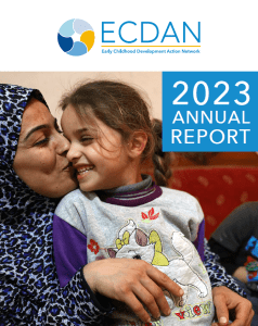 Report cover with parent kissing child