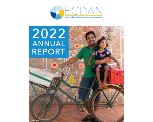 ECDAN 2022 annual report cover - father and daughter with bicycle